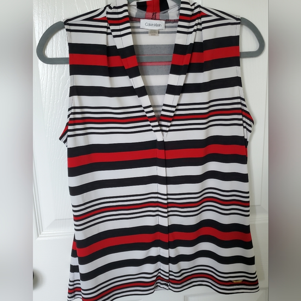 Calvin Klein Women's V-Neck Striped Blouse - Red, Black, White